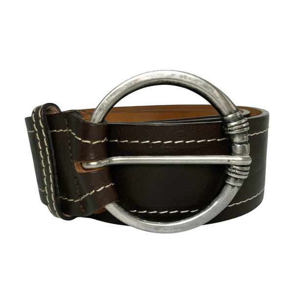 Italian Chocolate Brown Leather Waist Belt Contrast Stitch Statement Buckle Boho main image 9